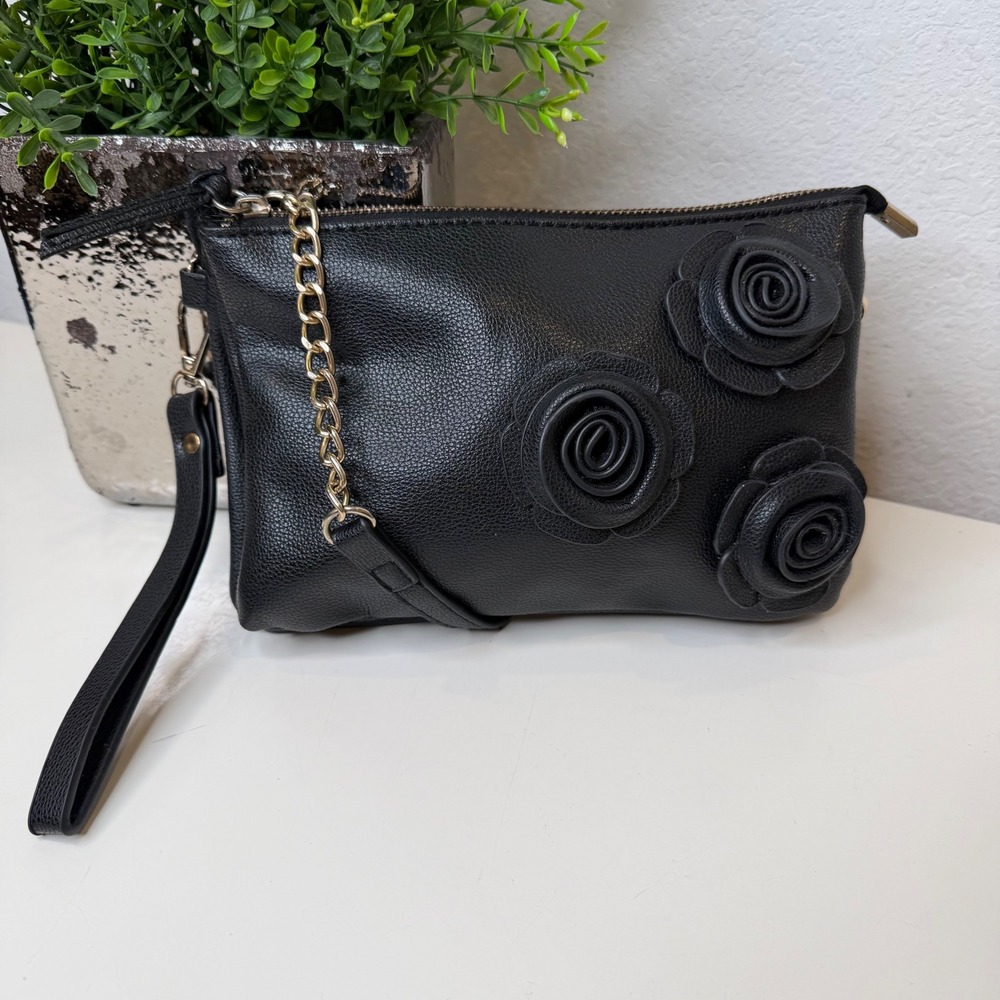 Unbranded Vegan Crossbody Bag Womens Black 3D Rose‎ Floral Applique Romantic